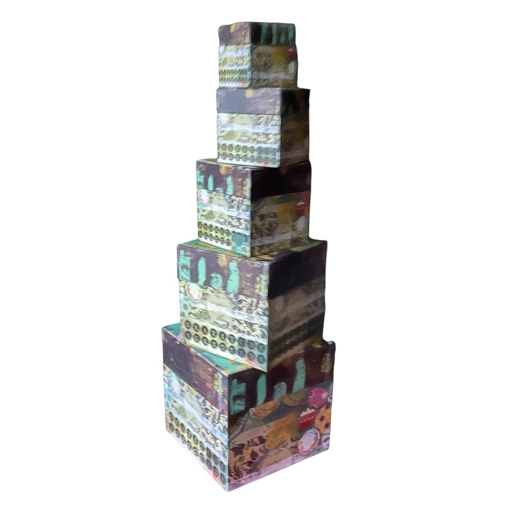 LANG 5 Stacked Decorative Boxes GRATITUDE theme blue green brown square cube